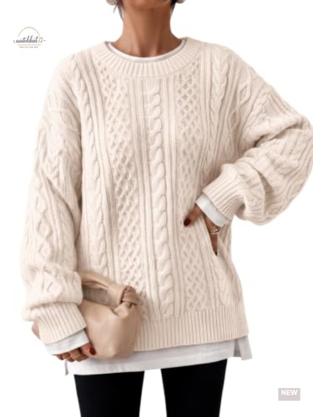 Oversized Cable Knit Chunky Pullover Sweater Cotton Blend Crew Neck